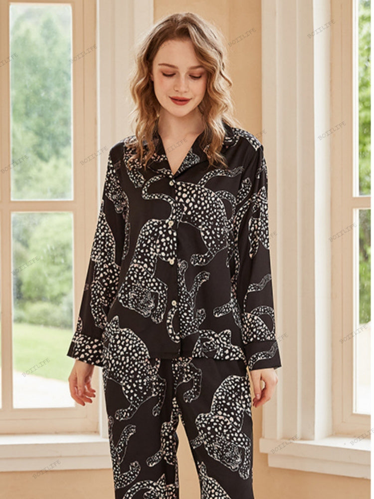 Black Jaguar Print Silk Ice Long-Sleeve Pajama Set