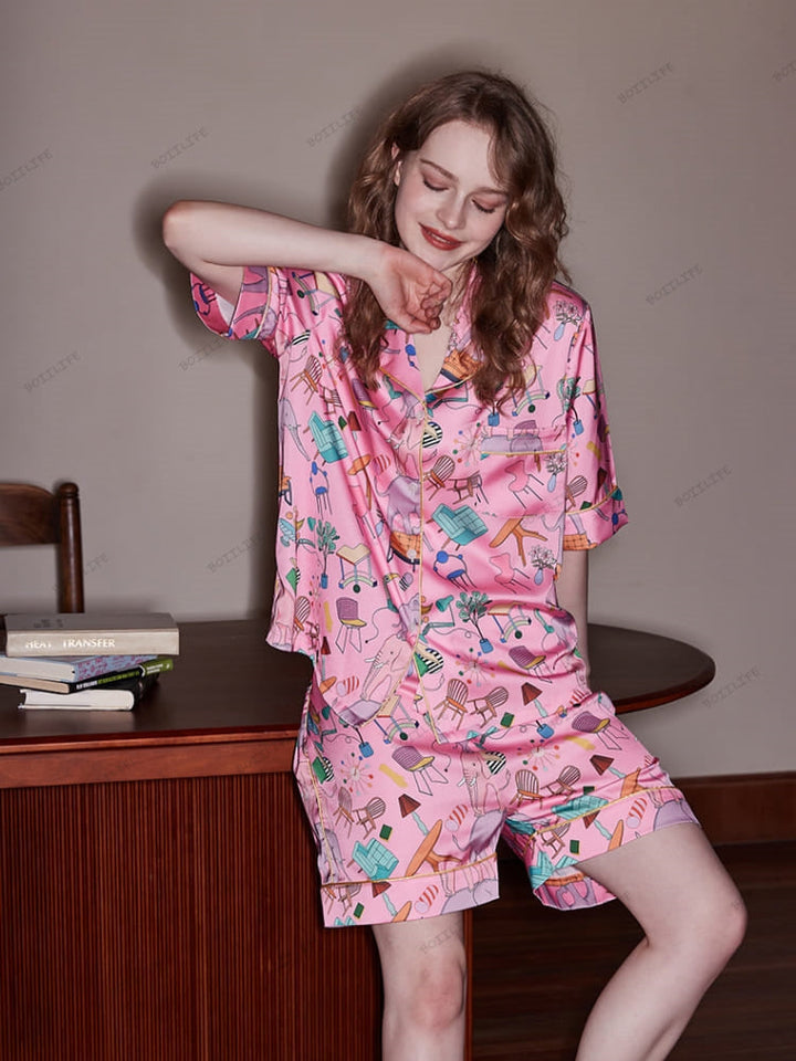 Elephant and Furniture Print Ice Silk Short-Sleeve Loungewear Set