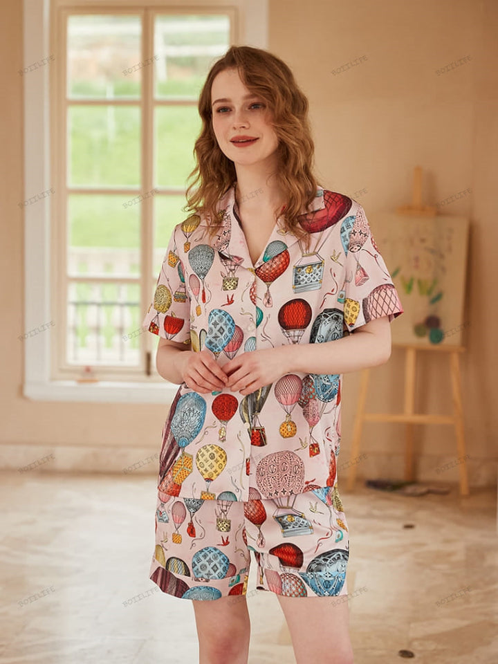 Hot Air Balloon Print Ice Silk Open-Front Short-Sleeve Pajama Set