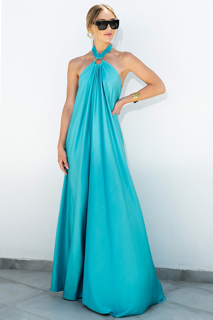 Satin Elegant Maxi lang kjole: Ryggløs Halter Neck