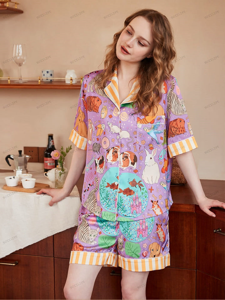 Guinea Pig and Fish Print Ice Silk Short-Sleeve Loungewear Set