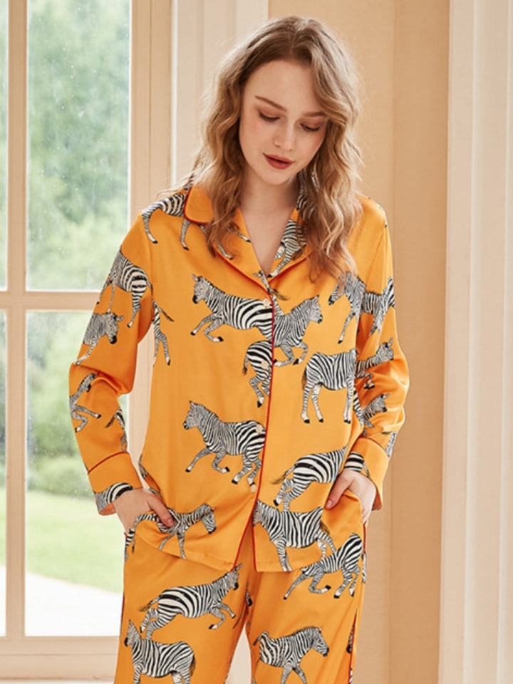 Zebra Print Long Sleeve Loungewear Set - Yellow