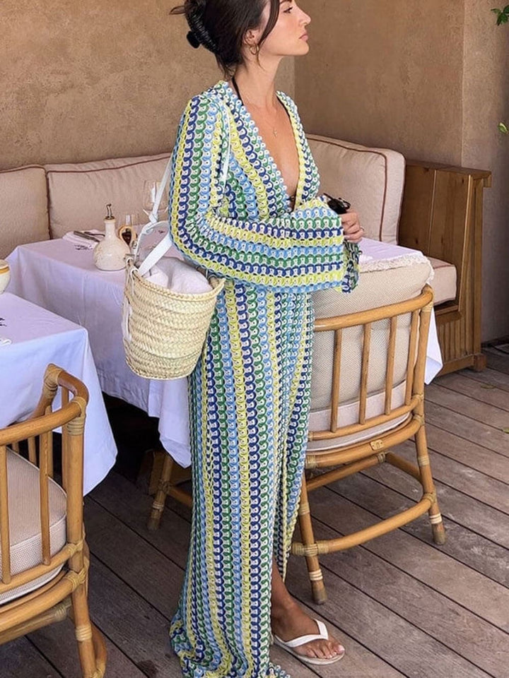 Boho V Neck Bell Sleeve Wavy Striped Crochet Beach Vacation Maxi Dress - Yellow