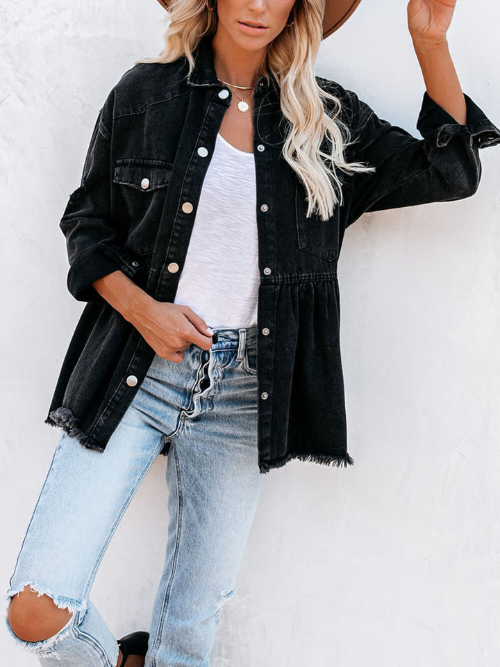 Distressed-Denim-Hemdjacke mit Knopfleiste