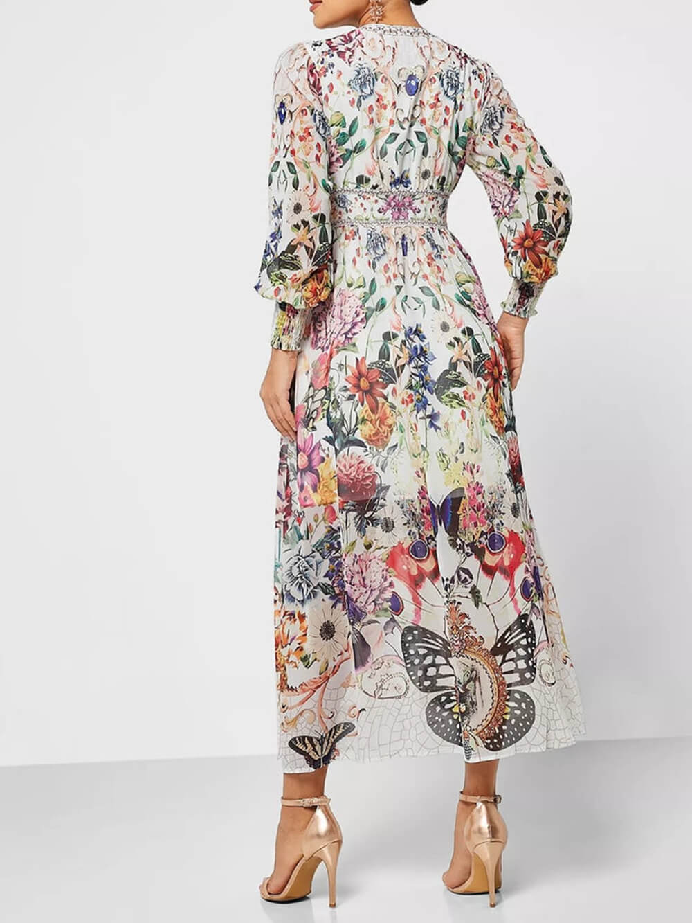 Botonisk blomstertrykt V-hals Chiffon Maxi-kjole