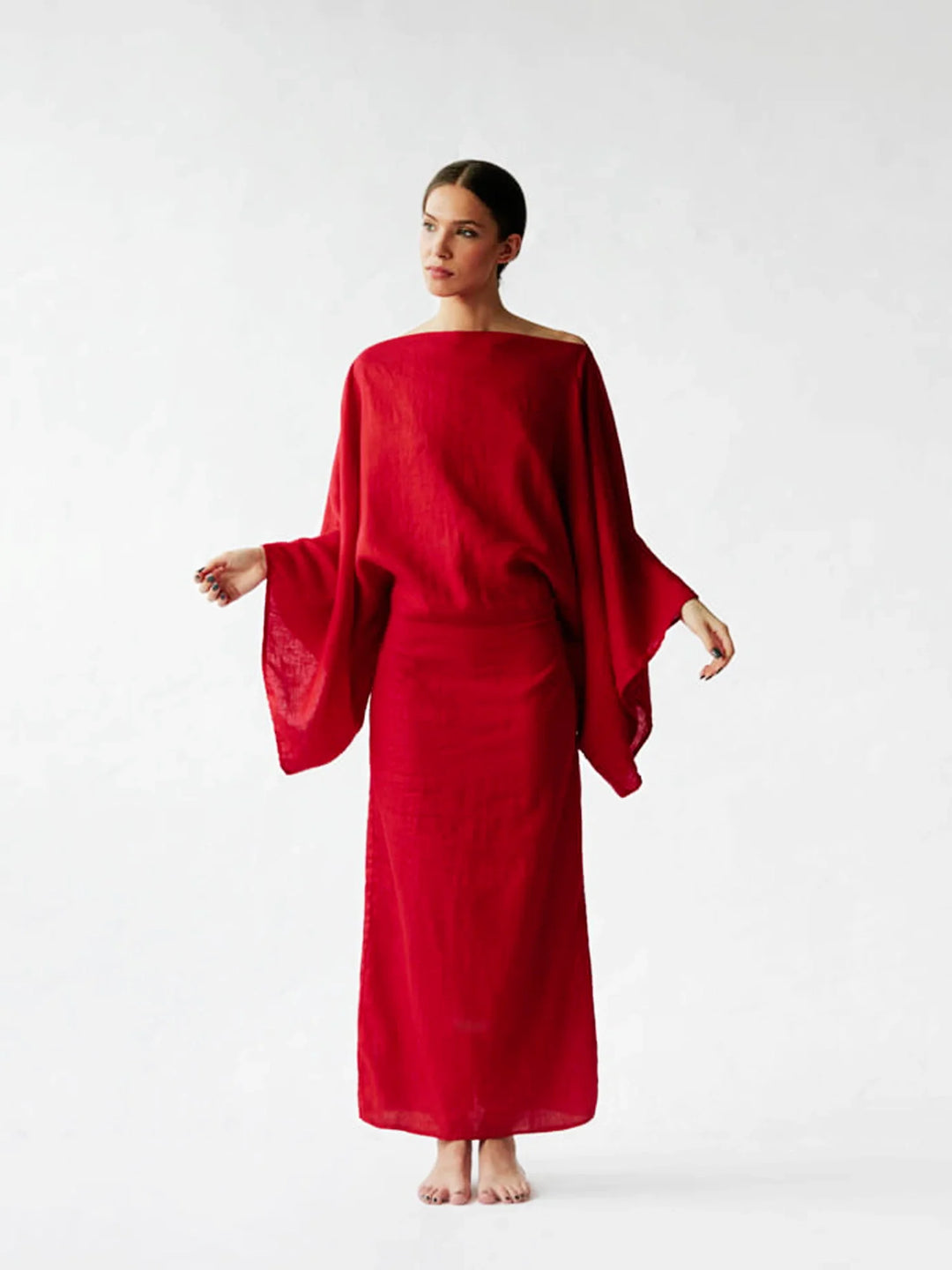 Crimson Linen Breeze Kimono Dress