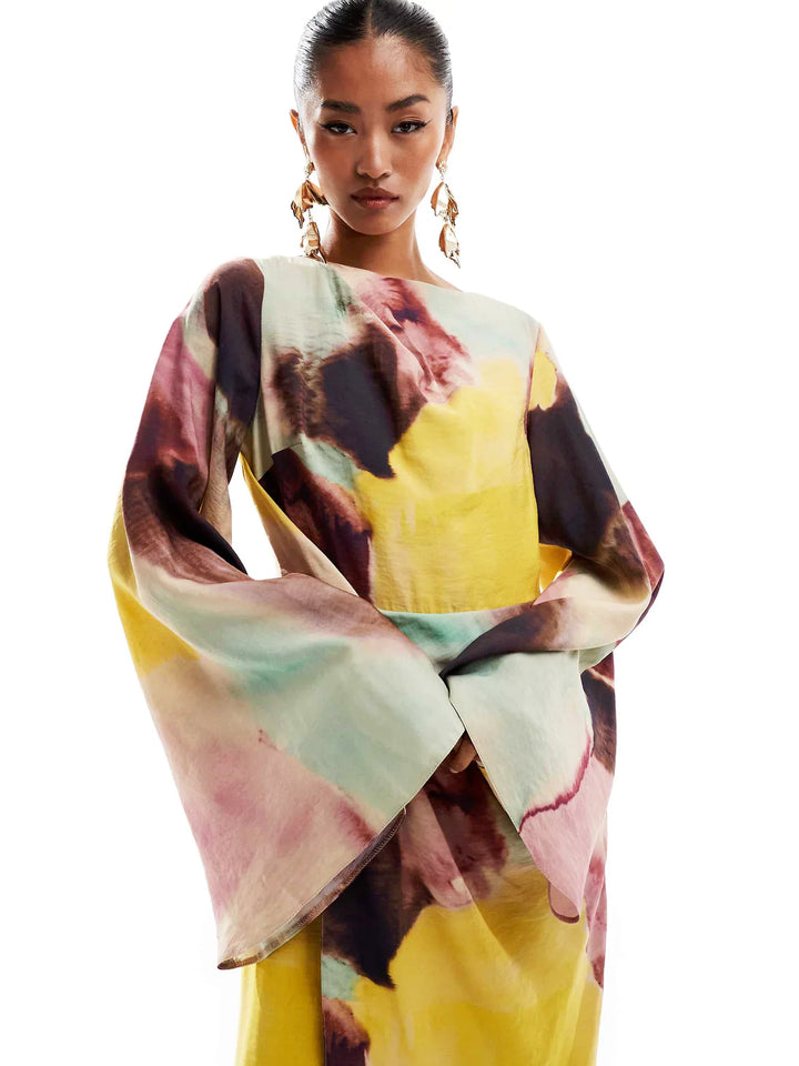 Abstract Watercolor Print Ultra-Long Dress