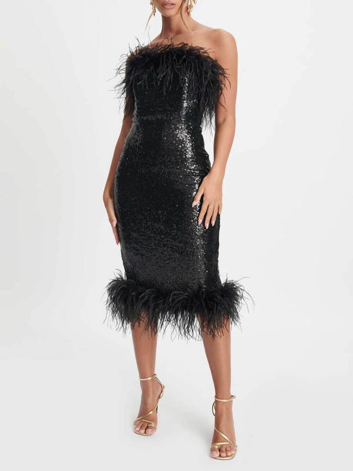 Robe mi-longue bandeau Sophia noire à sequins avec bordure en plumes