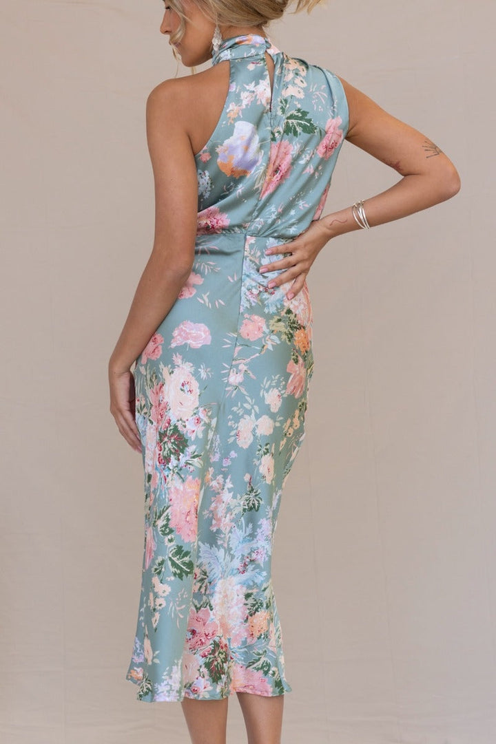 Wine Country Dates Floral Halter Neck Elastik Talje Maxi Kjole