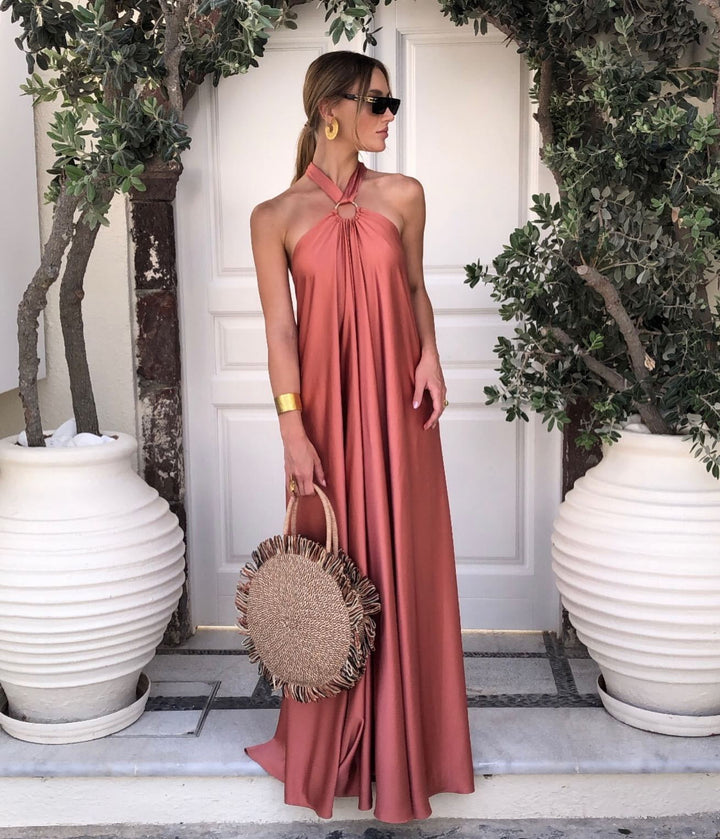 Satin Elegant Maxi lang kjole: Ryggløs Halter Neck