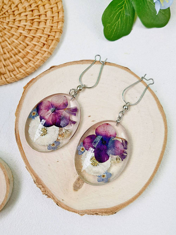 Resin Pressed Flower Earrings - Forget Me Not Pansy