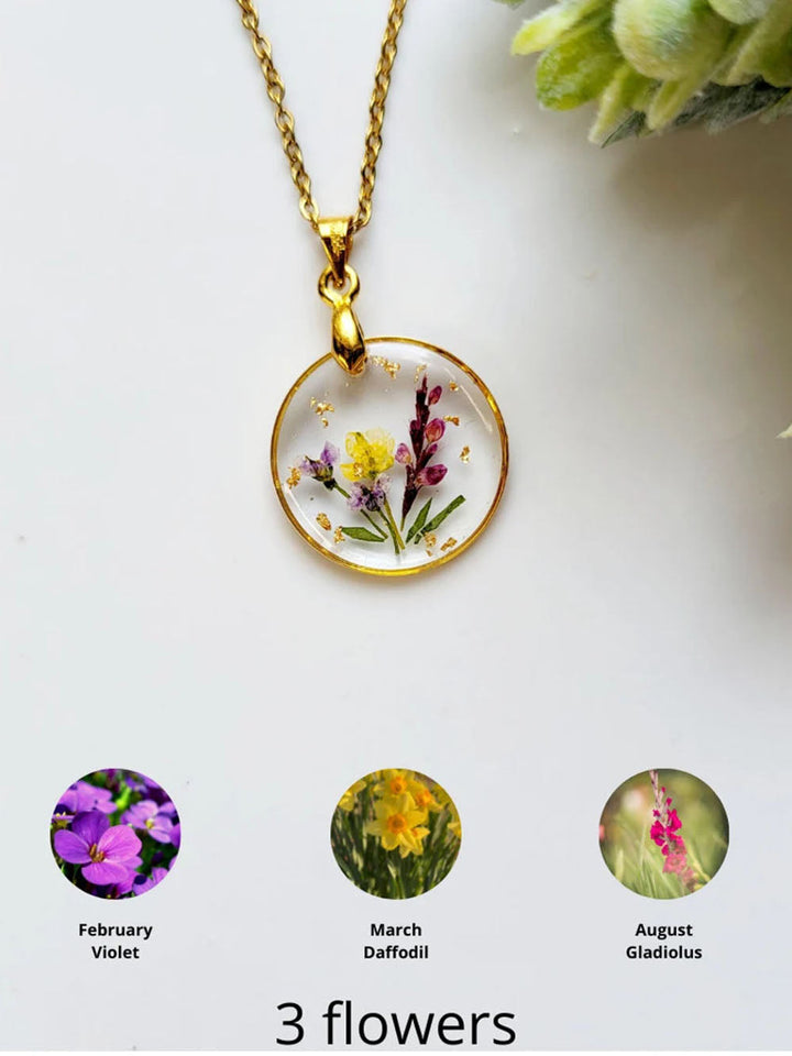 Resin Pressed Flower Necklaces - Handmade Birth Flower Bouquet