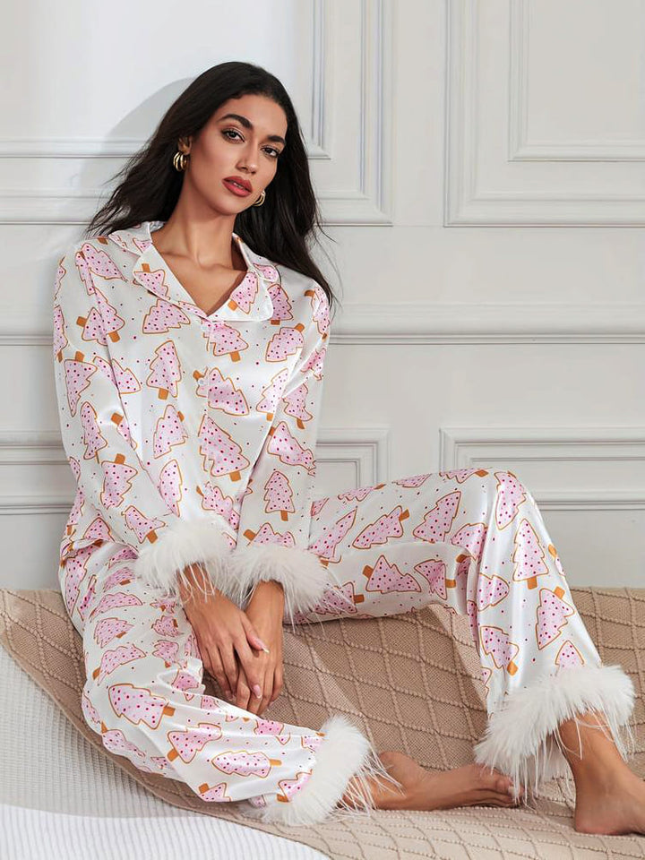 Weihnachtsbaum-Print Satin-Pyjama-Set