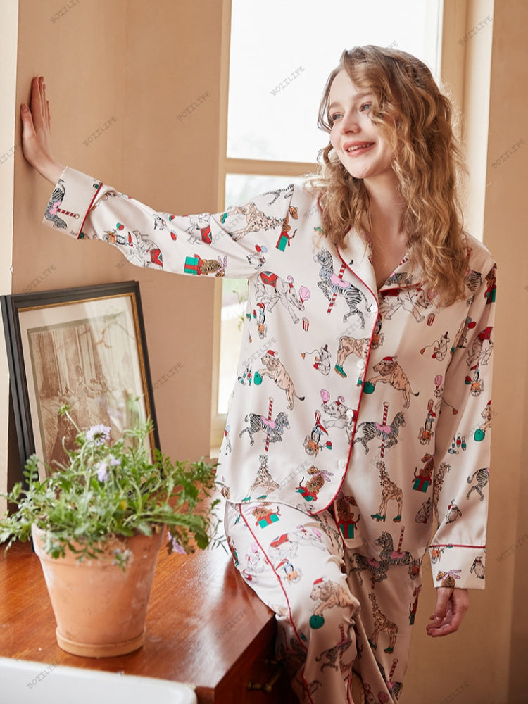 Circus Print Ice Silk Pajama Loungewear Set