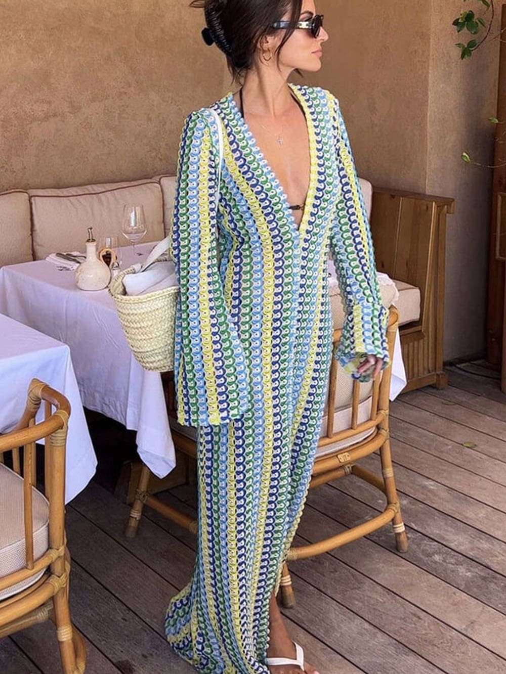 Boho V Neck Bell Sleeve Wavy Striped Crochet Beach Vacation Maxi Dress - Yellow