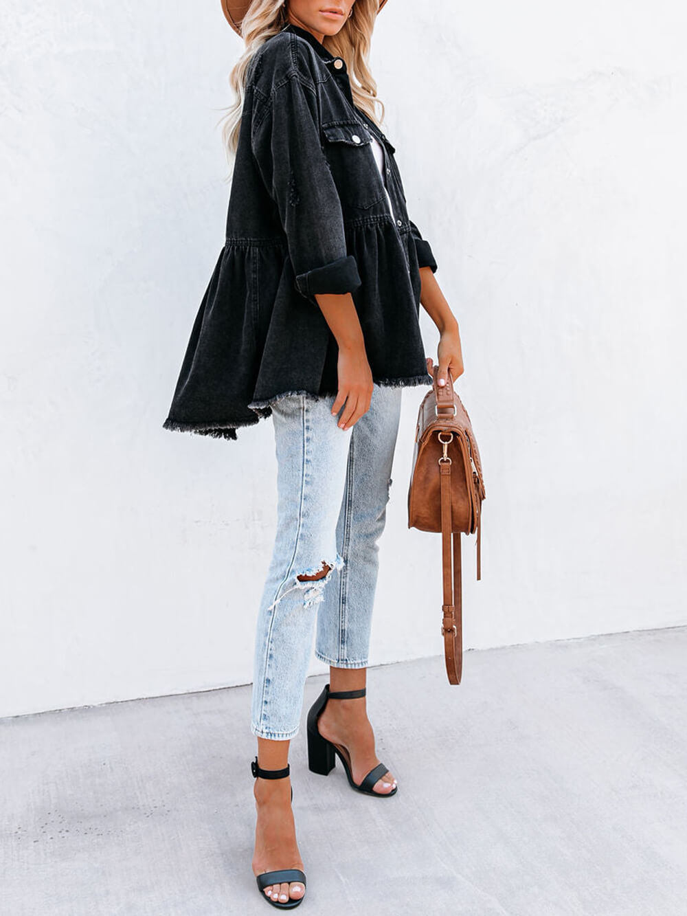 Distressed-Denim-Hemdjacke mit Knopfleiste