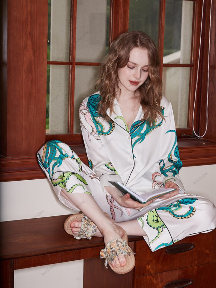 Octopus Print Ice Silk Long-Sleeve Loungewear Set - White