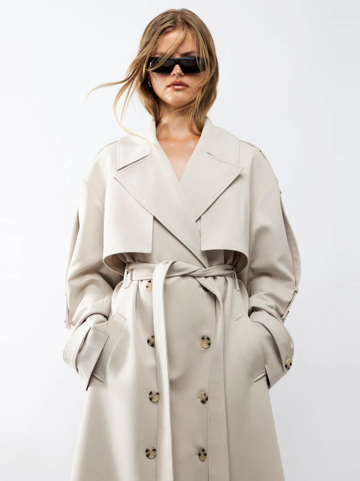 Classic Oversized Trench Coat with Pleated Detail in Light Beige