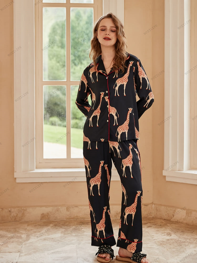 Black Giraffe Print Ice Silk Long-Sleeve Pajama Set