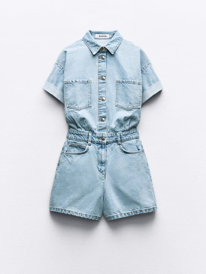 Mini Denim Cuffed-Barboteuse-Bleu