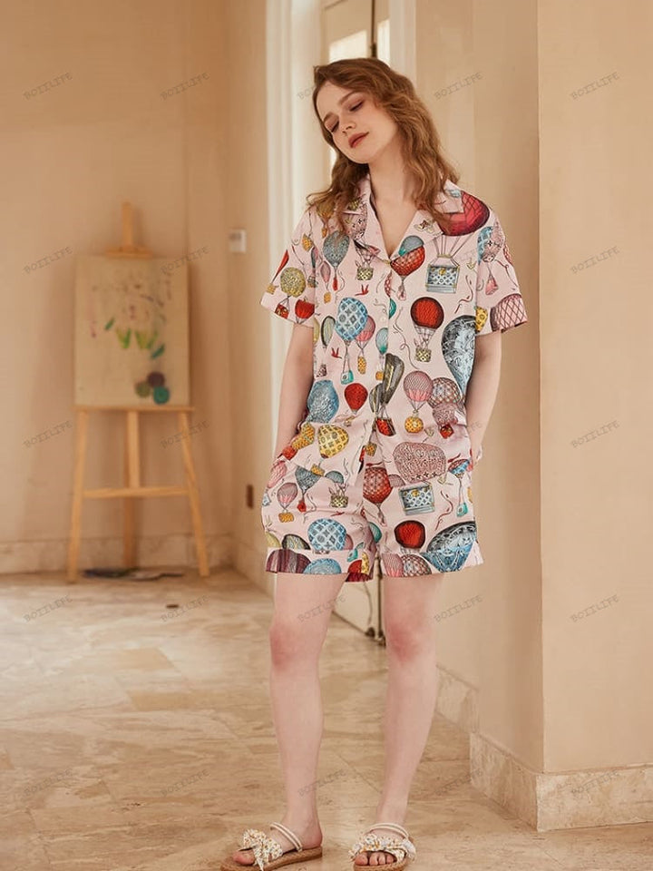 Hot Air Balloon Print Ice Silk Open-Front Short-Sleeve Pajama Set