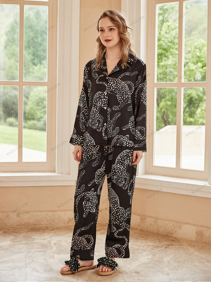 Black Jaguar Print Silk Ice Long-Sleeve Pajama Set