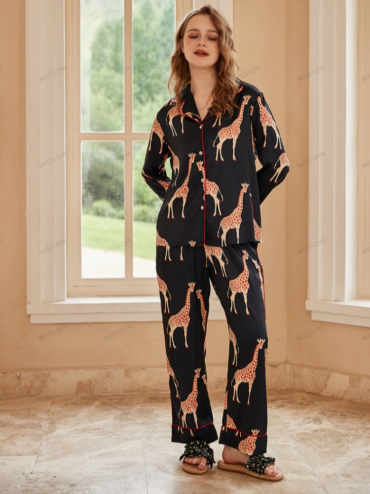 Giraffe Long-Sleeve Ice Silk Loungewear Set - Black