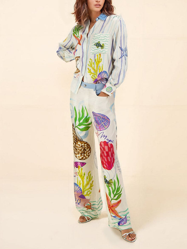 Ocean Theme Print Pants-setti