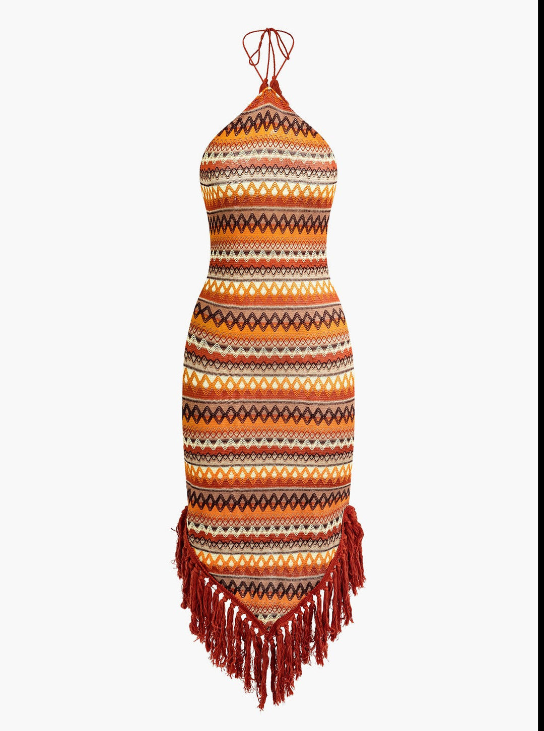 Frynser og fargerikt mønster Bohemian Halter Midi-kjole