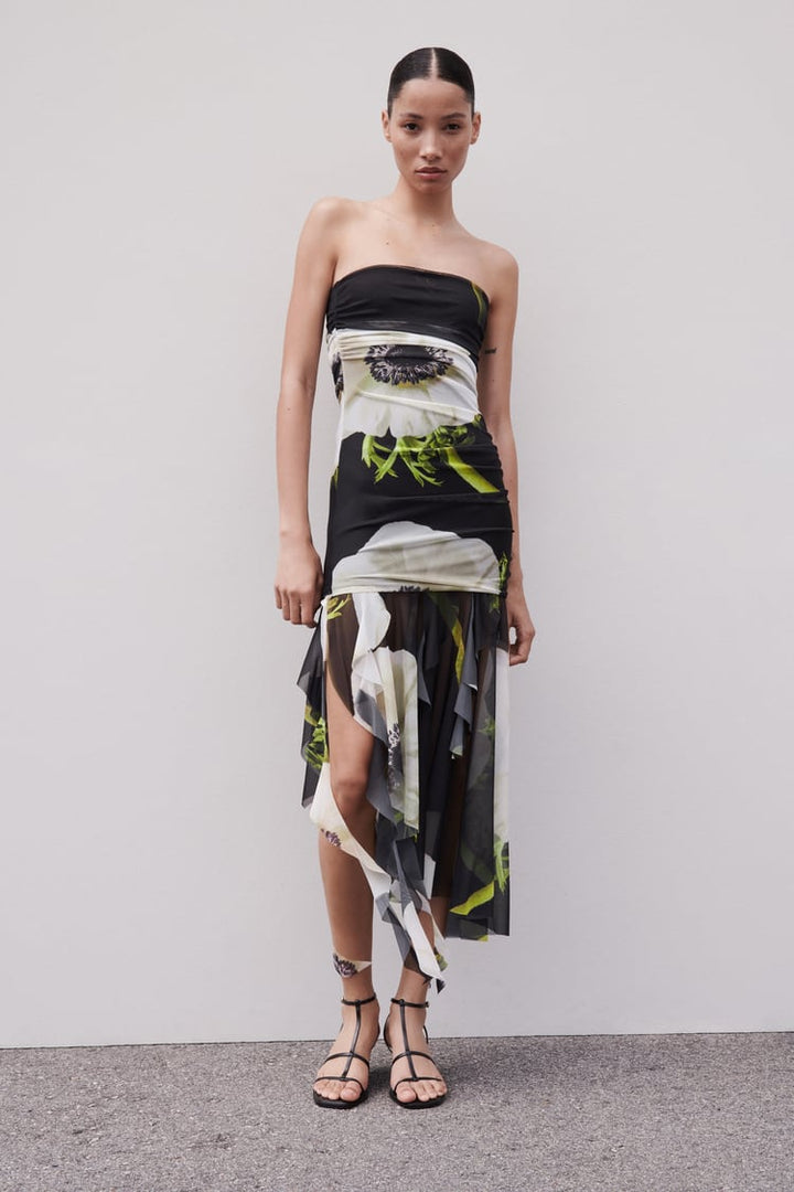 Gardenia midi-jurk met geplooide mesh en bloemenprint