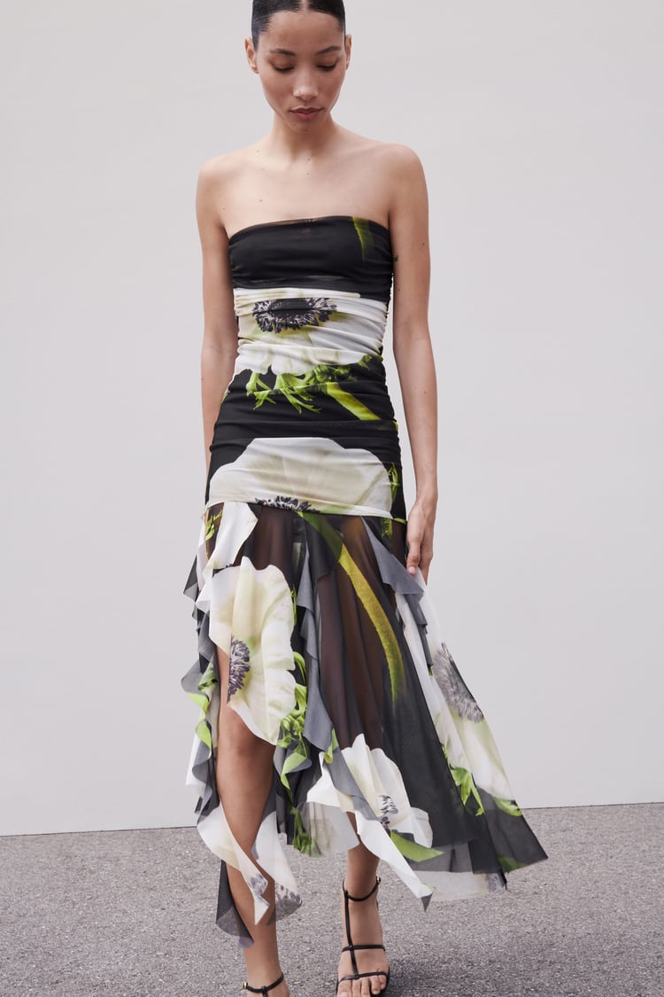 Gardenia midi-jurk met geplooide mesh en bloemenprint