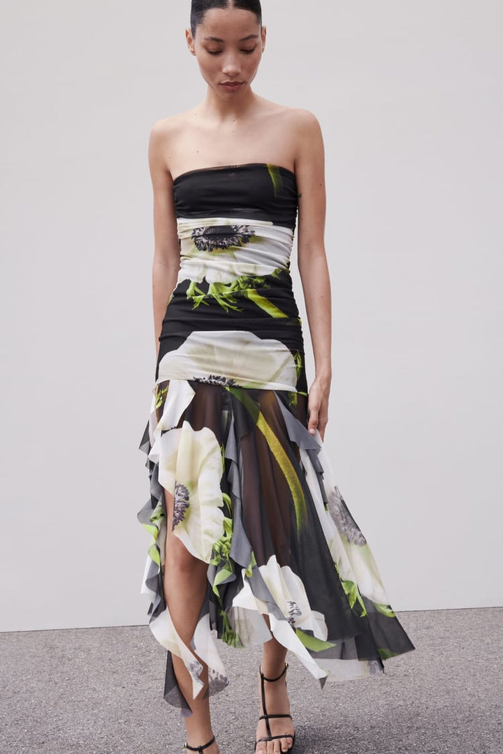 Gardenia midi-jurk met geplooide mesh en bloemenprint