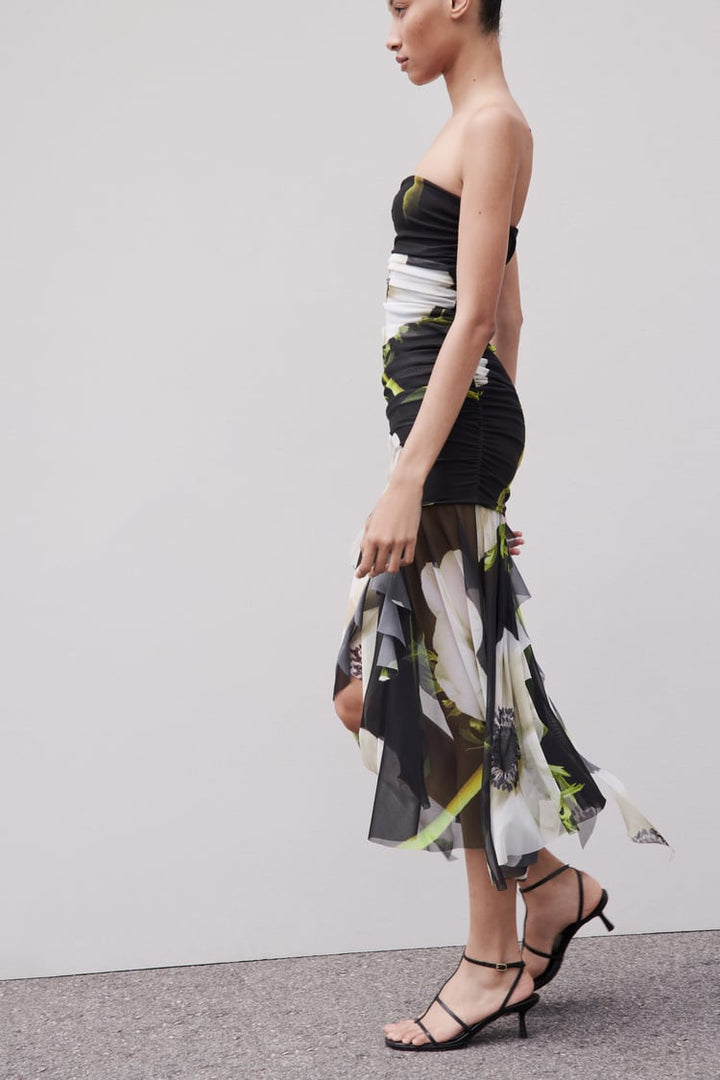 Gardenia midi-jurk met geplooide mesh en bloemenprint