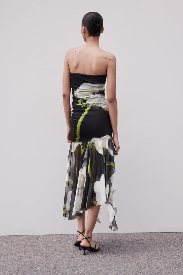 Gardenia midi-jurk met geplooide mesh en bloemenprint