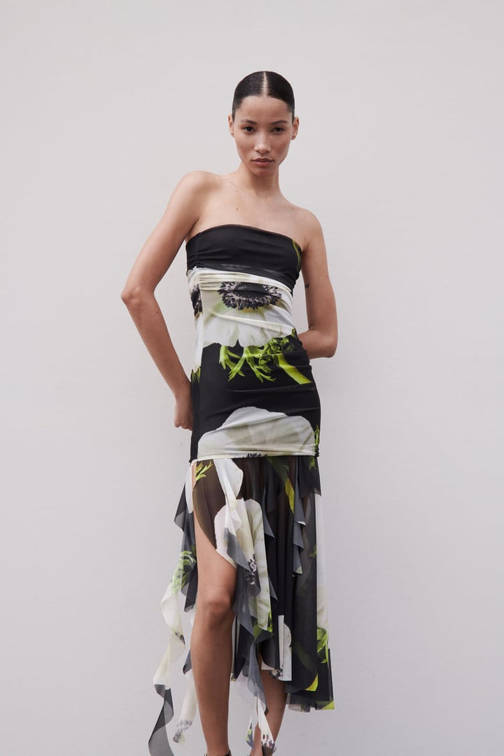 Gardenia midi-jurk met geplooide mesh en bloemenprint