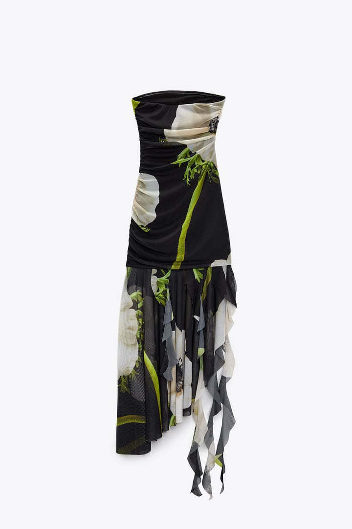 Gardenia midi-jurk met geplooide mesh en bloemenprint