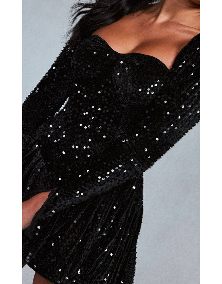 Black Sequin Coupe Detail Long Sleeve Skater Mini Kleed