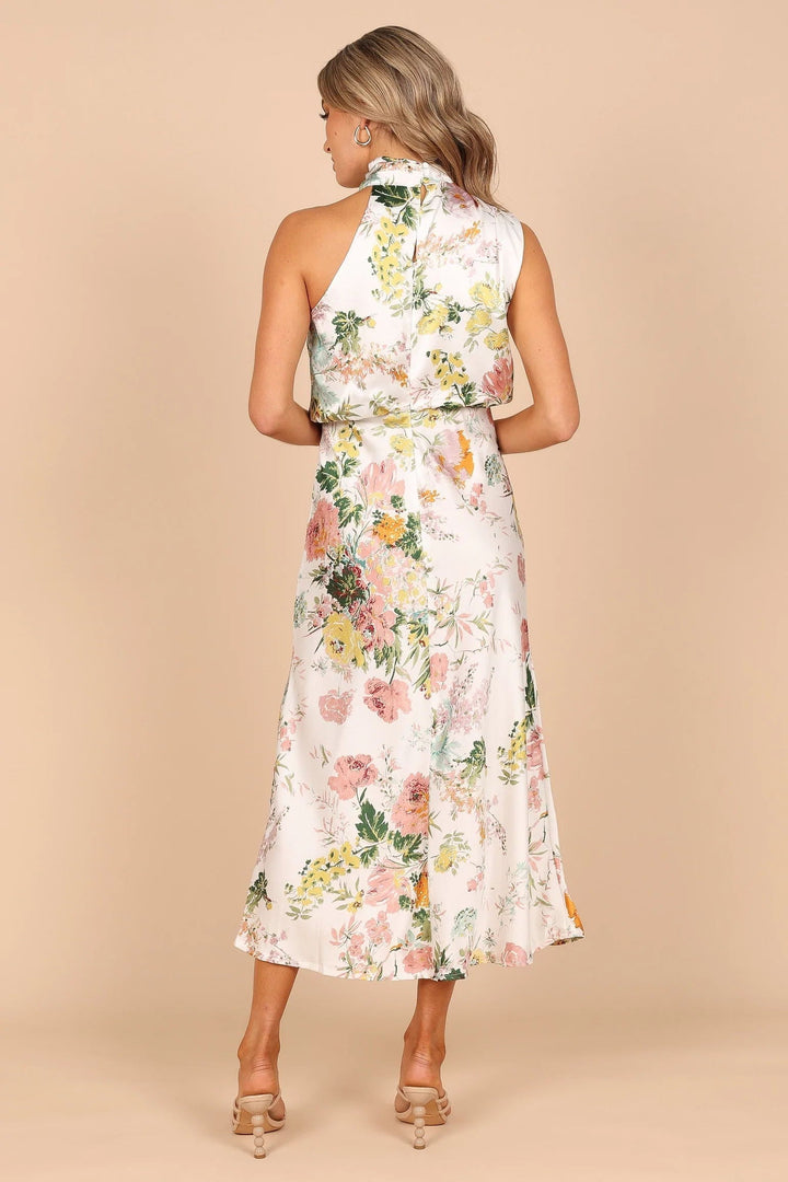 Wine Country Dates Floral Halter Neck Elastik Talje Maxi Kjole