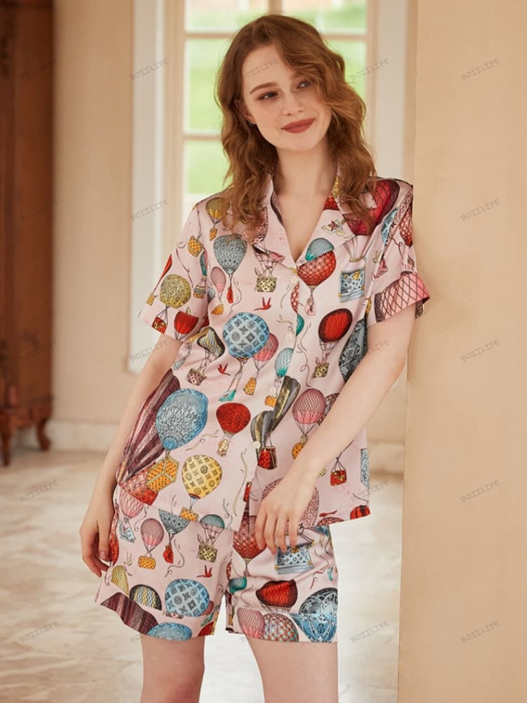 Hot Air Balloon Print Ice Silk Open-Front Short-Sleeve Pajama Set