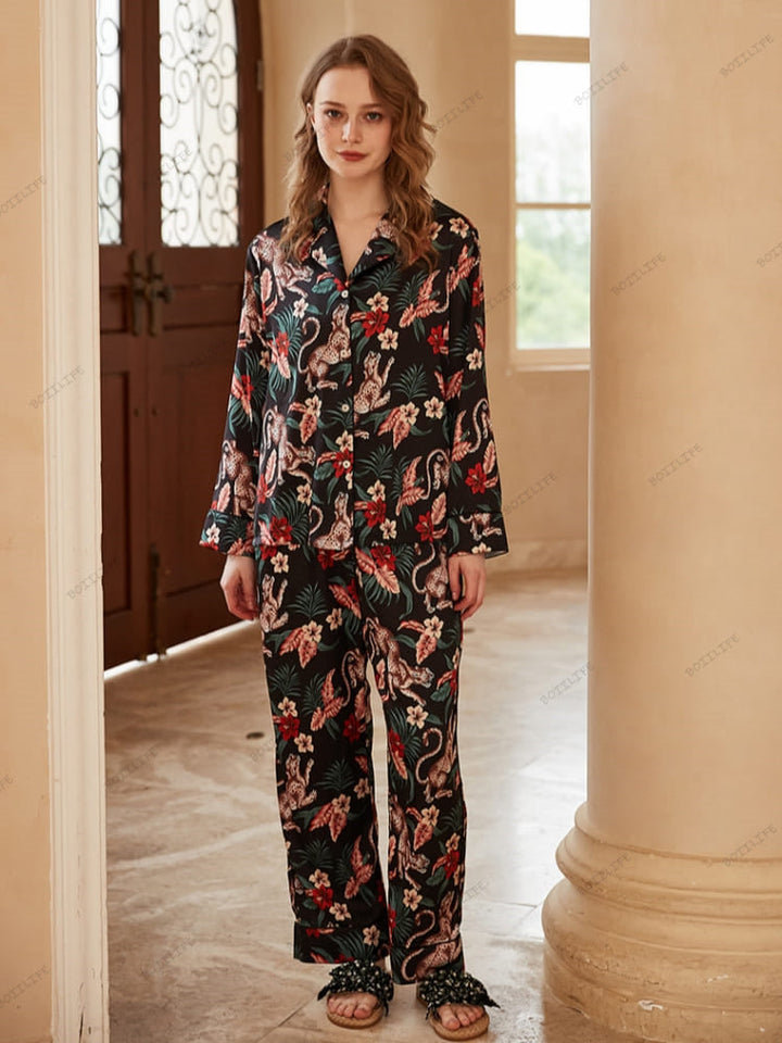 Jaguar and Floral Print Ice Silk Long-Sleeve Loungewear Set