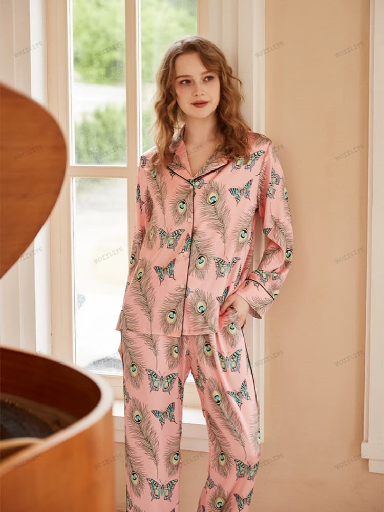 Phoenix Feather and Butterfly Print Long-Sleeve Pajama Set