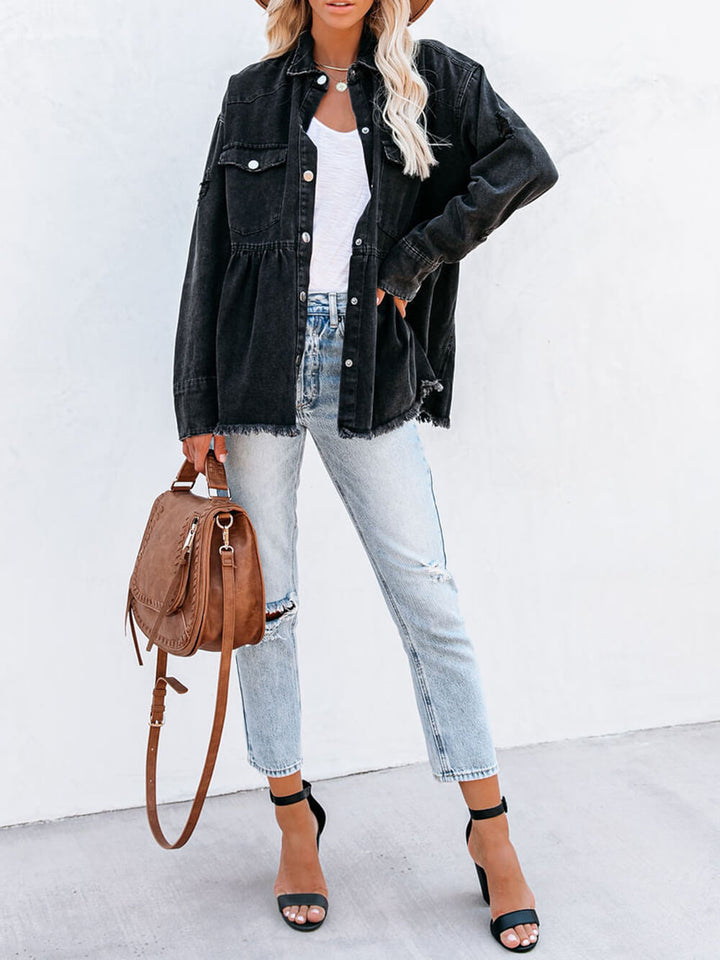 Distressed-Denim-Hemdjacke mit Knopfleiste