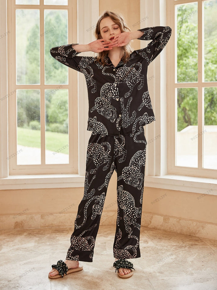 Black Jaguar Print Silk Ice Long-Sleeve Pajama Set