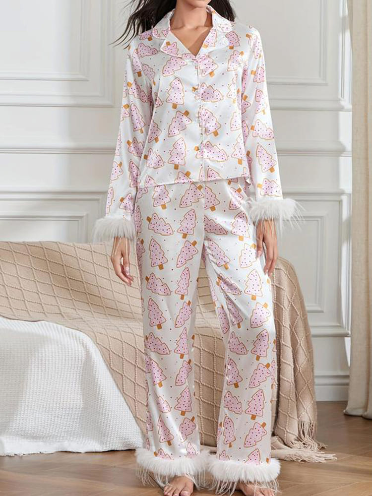 Weihnachtsbaum-Print Satin-Pyjama-Set