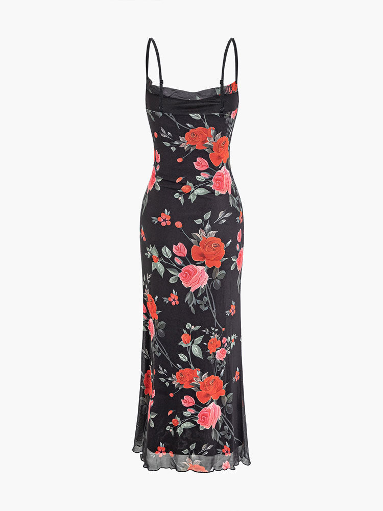 Floral Print Mesh Spaghetti Strap Maxi Kjole