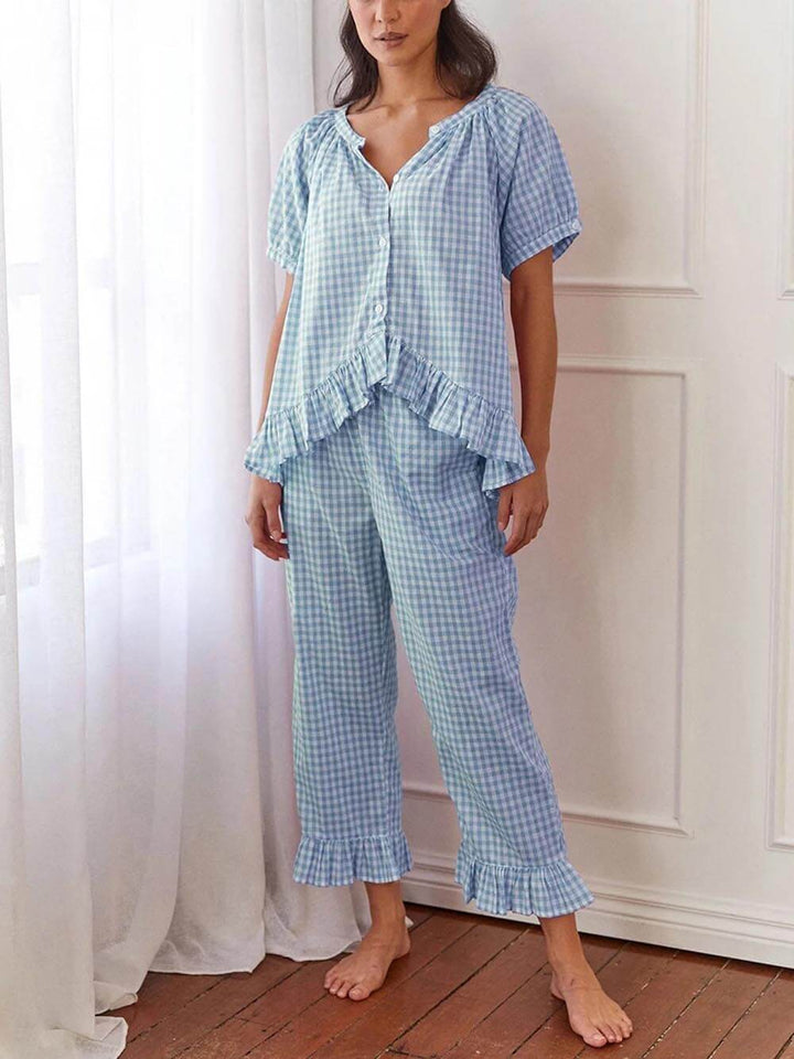 Casual Ruffled Plaid Print Shirt Pajama Set