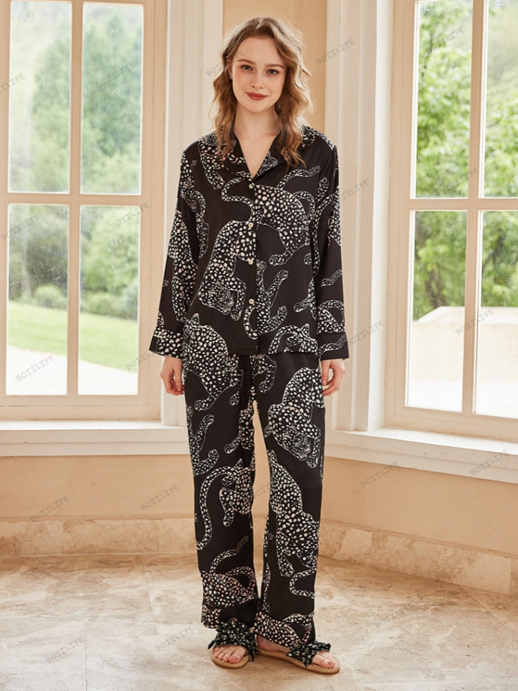 Black Jaguar Print Silk Ice Long-Sleeve Pajama Set