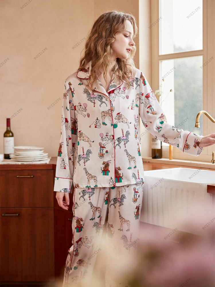 Circus Print Ice Silk Pajama Loungewear Set