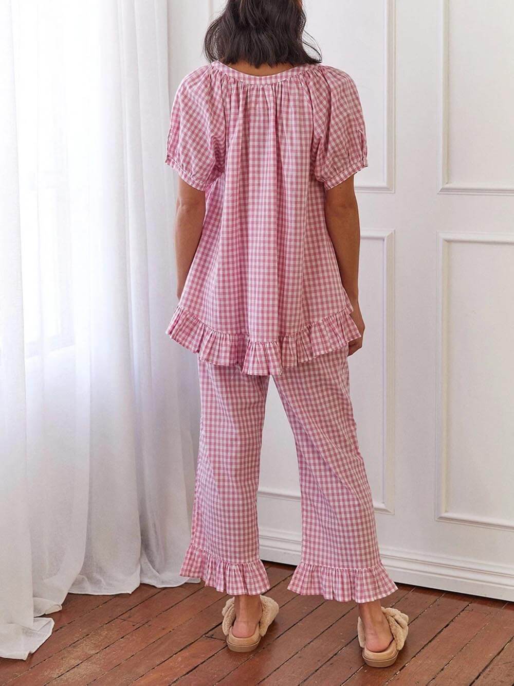 Casual Ruffled Plaid Print Shirt Pajama Set