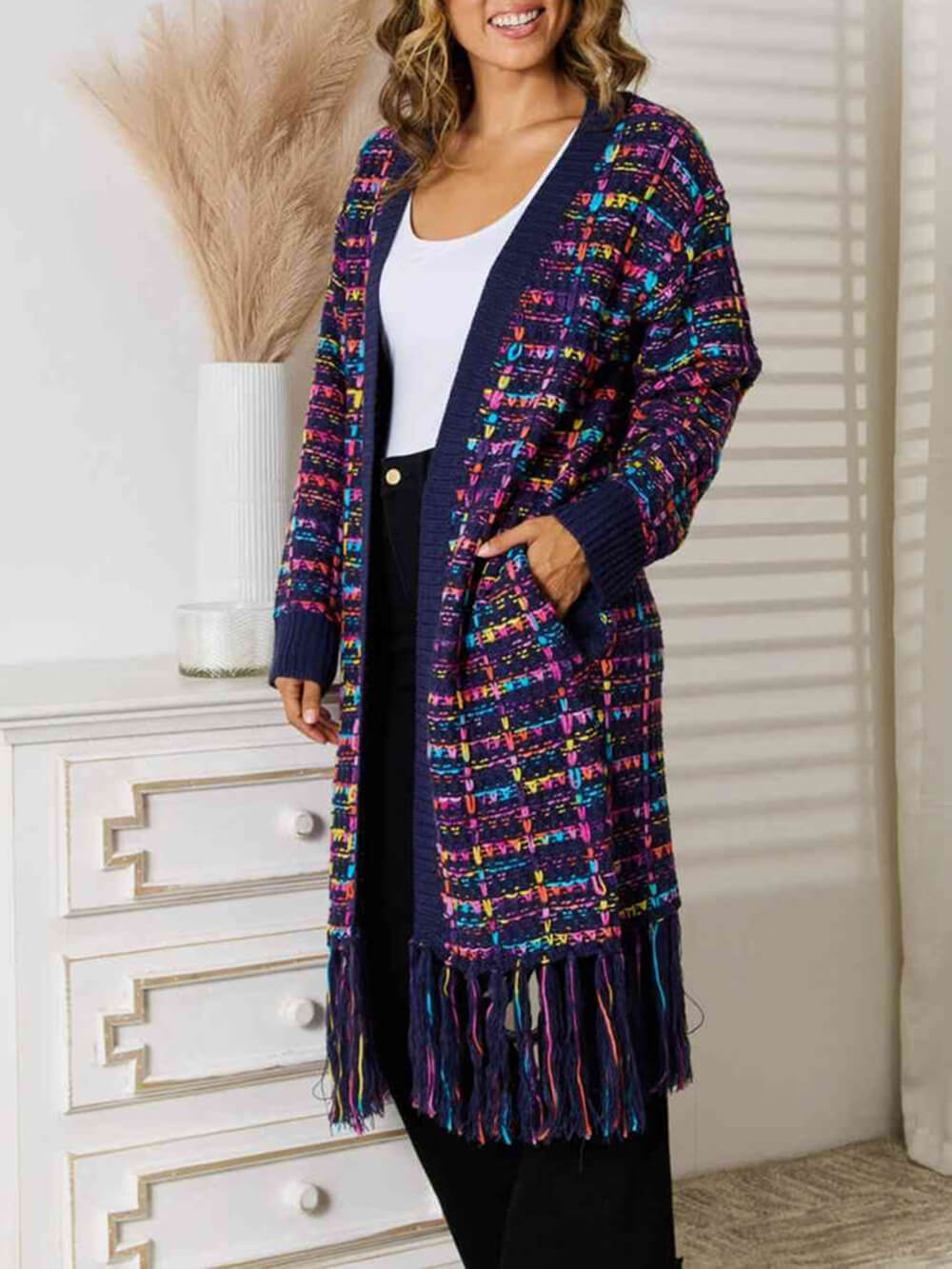 Cardigan boho multicolor cu tiv cu franjuri